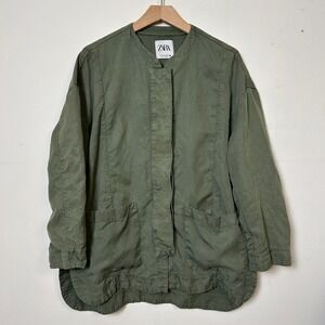 Zara Utility Jacket Olive Green Collarless Chore Coat Small